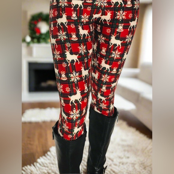 OS NEW Womens Christmas Reindeer Snowflake Red Plaid Leggings, Holiday Pants - Picture 3 of 6